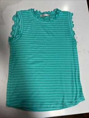 Zenana Teal and White Striped Ruffle Trim Tank